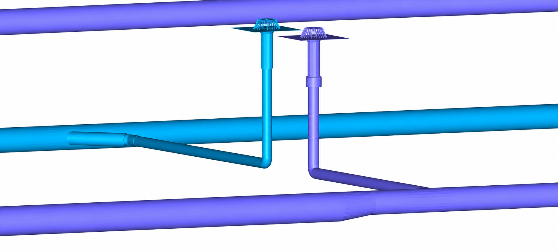 Model BIM: szczegół podłączenia dwóch wpustów dachowych do przewodów zbiorczych.
